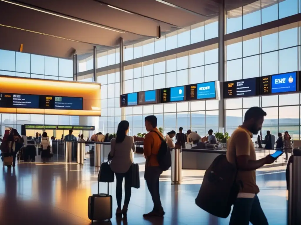 Escena multicultural en aeropuerto: cambio y transferencia de dinero digital En un aeropuerto internacional, personas de diferentes culturas cambian dinero en casas de cambio, mientras otras realizan transferencias online con smartphones