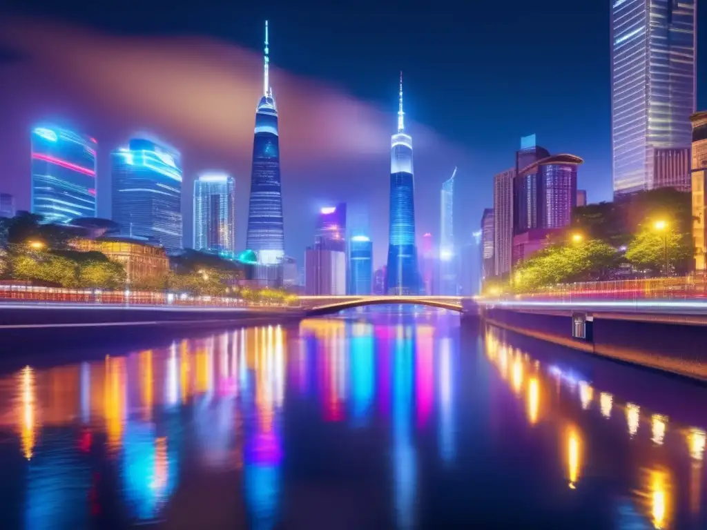 Ciudad moderna: luces y actividad nocturna en el río Desde lo alto de los rascacielos, las luces brillantes reflejan en el río, mostrando la vida digital y financiera de una ciudad próspera