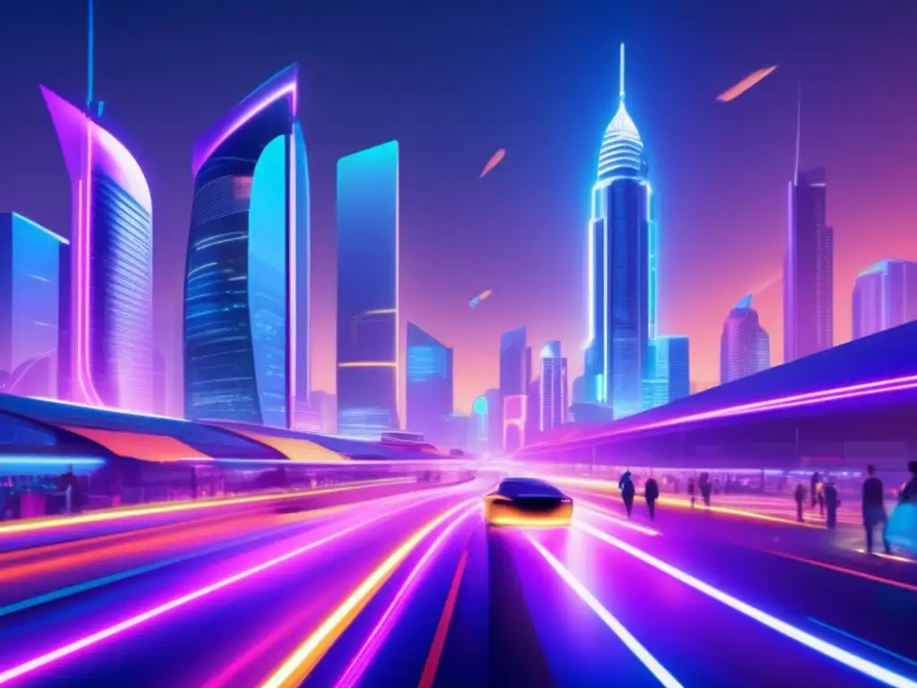 Brillante ciudad futurista: negocios digitales en ascenso Desde las alturas brillantes de la ciudad nocturna, se percibe el pulso de las tendencias actuales en transferencias de dinero