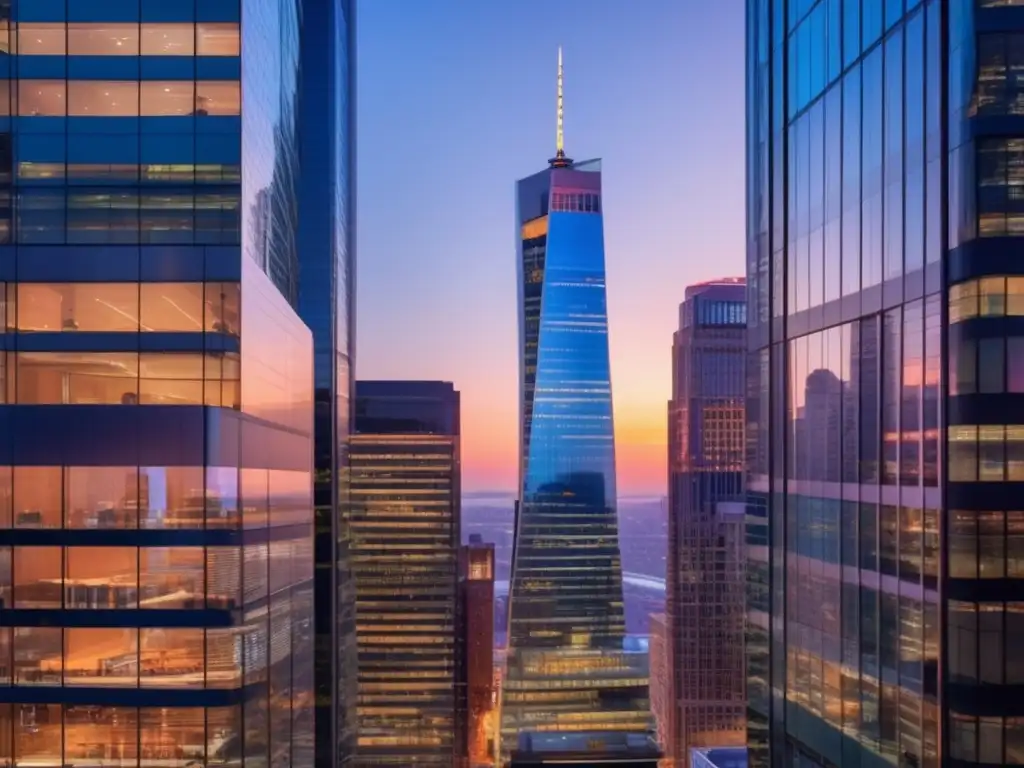Atardecer en distrito financiero: vibrante y seguro Desde las alturas, la bulliciosa zona financiera se ilumina al anochecer, reflejando el vibrante atardecer