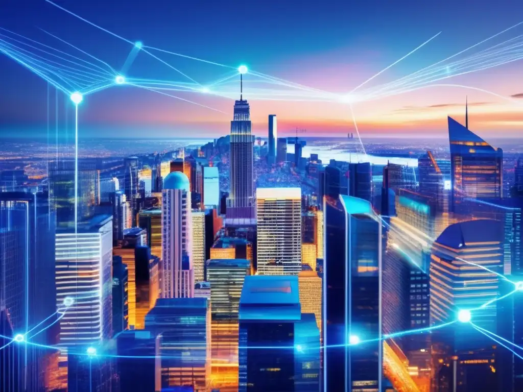 Conexiones digitales en la ciudad financiera global Desde las alturas, la ciudad bulliciosa irradia energía y conexiones digitales en un entorno futurista