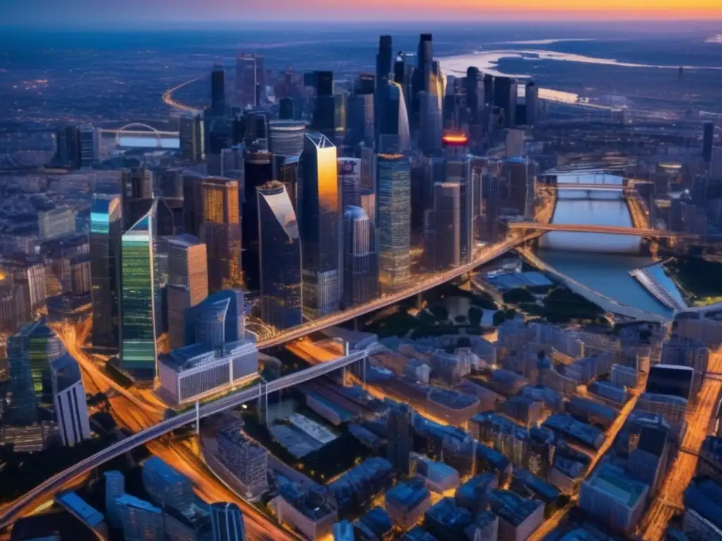 Espectacular atardecer en la bulliciosa metrópolis- Desde las alturas, la ciudad brilla con el cálido resplandor del atardecer, mostrando su vibrante energía y su impactante arquitectura moderna