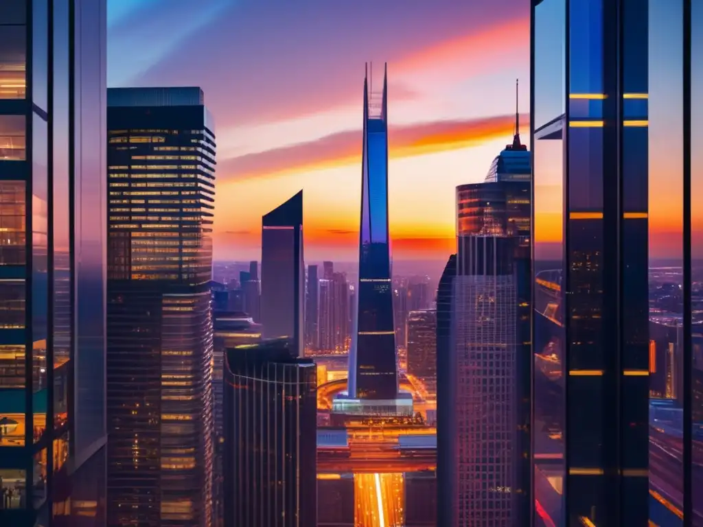 Futurista ciudad al atardecer: impacto global fintech Desde las alturas, la ciudad futurista se alza contra un atardecer vibrante