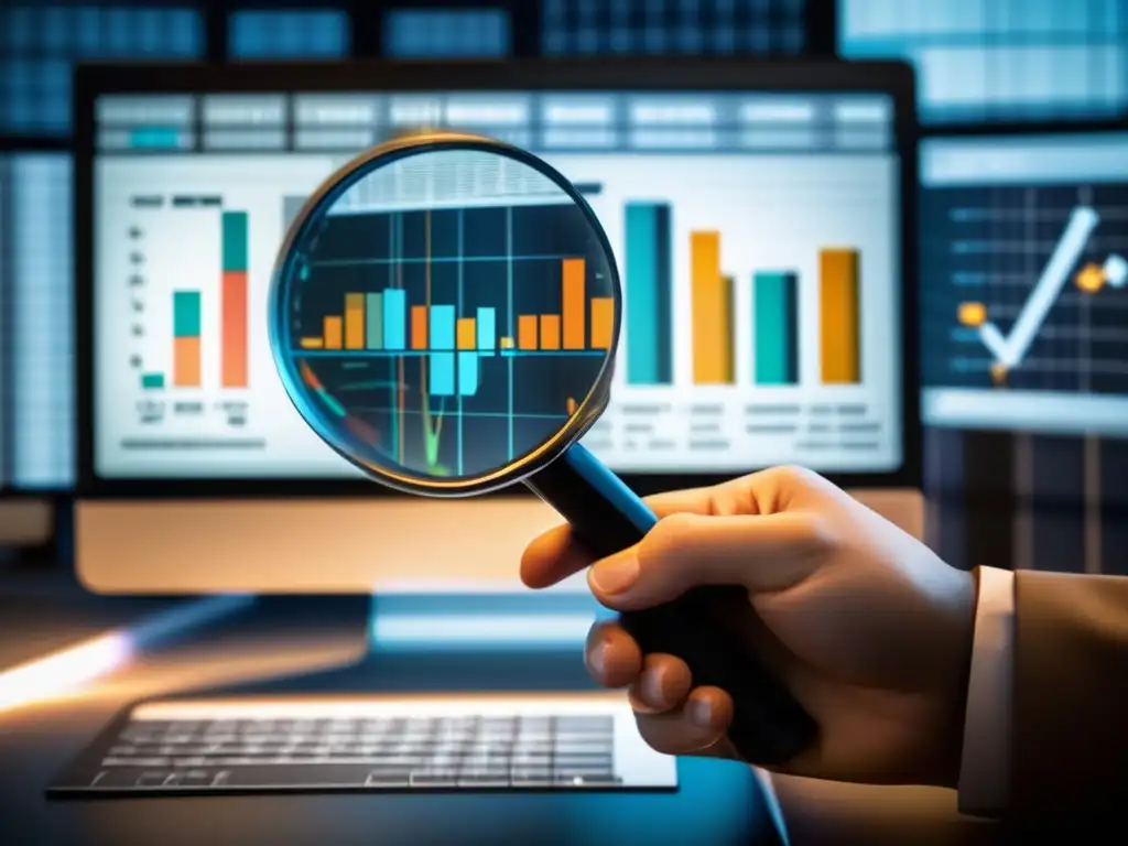Descubriendo tendencias: Análisis detallado de datos - SEO Un análisis minucioso de datos a través de una lupa sobre gráficos en pantalla, revela las señales de alerta abandono clientes