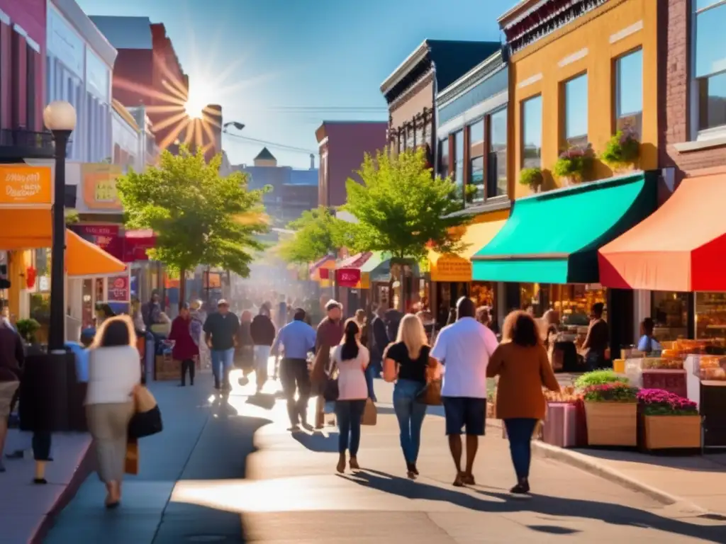 Vibrante escena urbana: Pequeños negocios locales llenos de vida Un animado bulevar de ciudad con negocios locales rebosantes de actividad y color