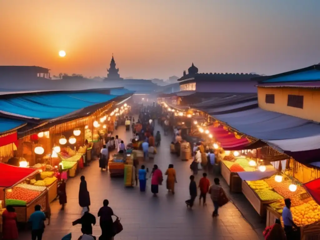 Atardecer en mercado bullicioso: esperanza y progreso económico Un animado mercado en una economía en desarrollo, con comercio vibrante y coloridas tiendas