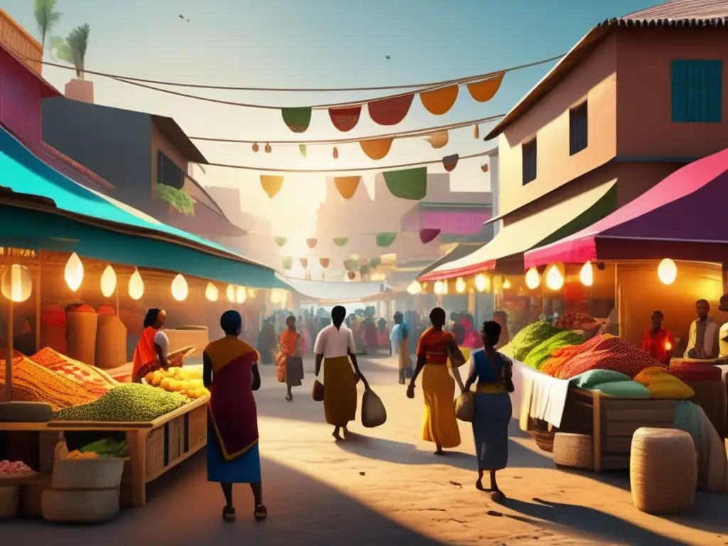 Mercado animado en un país en desarrollo: colores, comercio y cultura - SEO Un animado mercado en un país en desarrollo, donde la importancia de las remesas impulsa la economía local con colores vibrantes y energía palpable