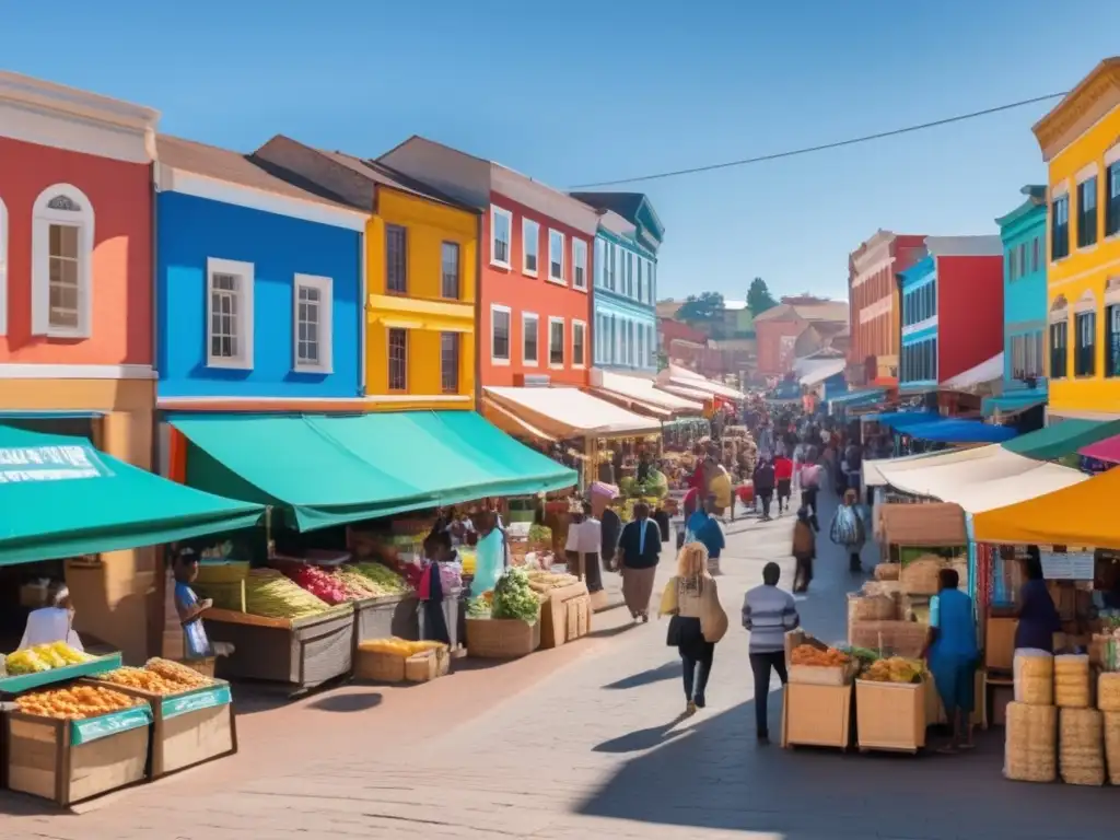 Mercado bullicioso: vitalidad económica local Un animado mercado en un pueblo, con vendedores locales y edificios coloridos bajo un cielo azul