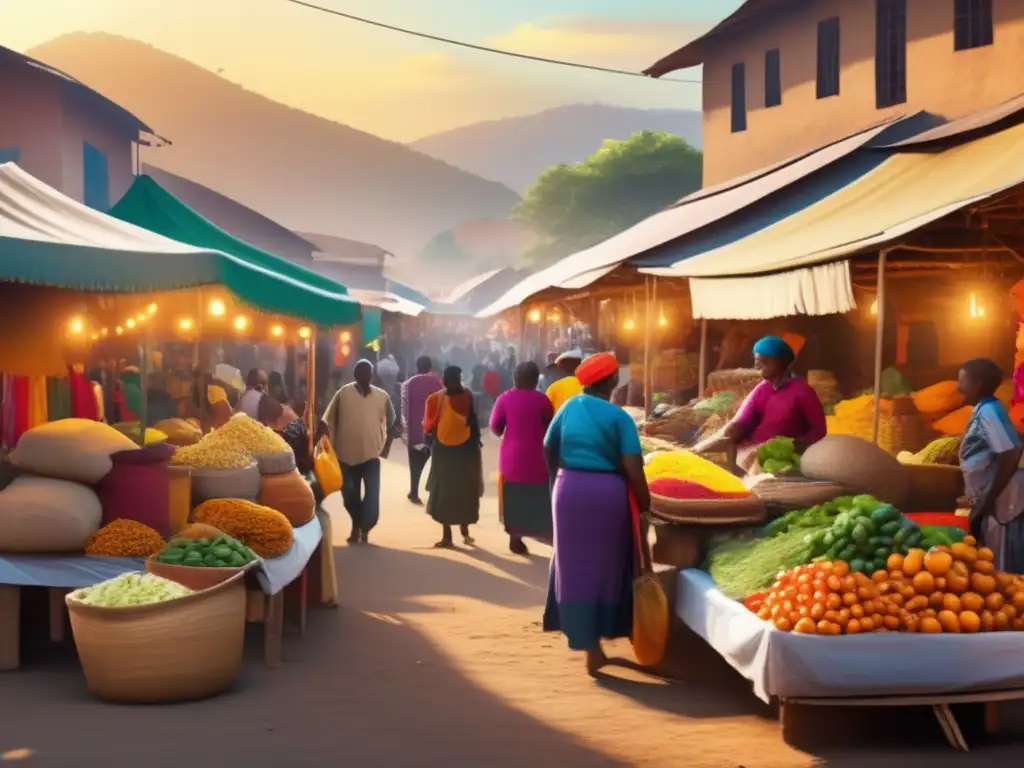 Alegre mercado rural: intercambio de bienes y dinero bajo el sol- En un animado mercado rural, los lugareños y vendedores intercambian bienes bajo el cálido sol