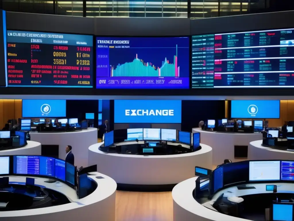 Caos y oportunidad: piso de bolsa en acción - Mercado financiero en vivo En la bulliciosa bolsa de valores, los traders negocian frenéticamente mientras las pantallas muestran datos financieros en tiempo real