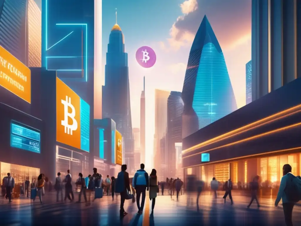 Futuro financiero: Criptomonedas en la metrópolis - En una bulliciosa calle de la ciudad, la gente cambia efectivo por criptomonedas en futuristas cajeros automáticos, bajo un cielo deslumbrante