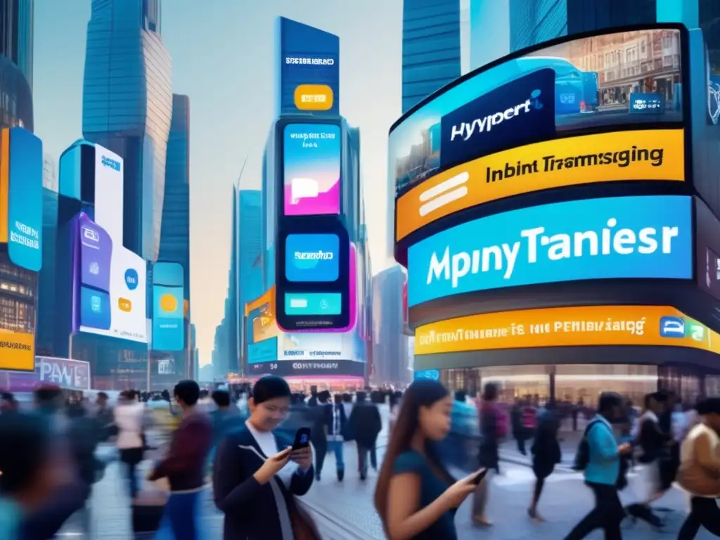 Futuro digital: Pago instantáneo y conectividad en la vida urbana En una bulliciosa calle de la ciudad, la integración de pagos y mensajería se refleja en smartphones y pantallas digitales, creando un paisaje urbano futurista y conectado