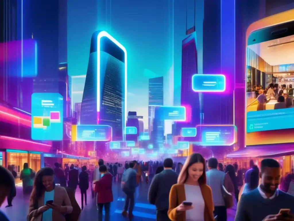 Futuro urbano: Pagos móviles y mensajes instantáneos con hologramas - En una bulliciosa calle de la ciudad, la integración de pagos y mensajería se fusiona con la tecnología futurista en medio de luces de neón vibrantes