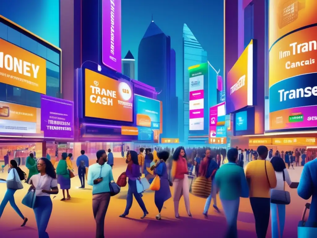 Ambiente urbano moderno: Diversidad en transferencias de dinero - 60 Una bulliciosa calle de la ciudad llena de personas de diversos orígenes, realizando varias formas de transferencia de dinero