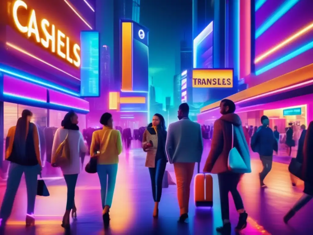 Calles nocturnas con pagos móviles y luces de neón En una bulliciosa calle de la ciudad, brillan luces de neón sobre la arquitectura futurista mientras la gente realiza transacciones sin efectivo