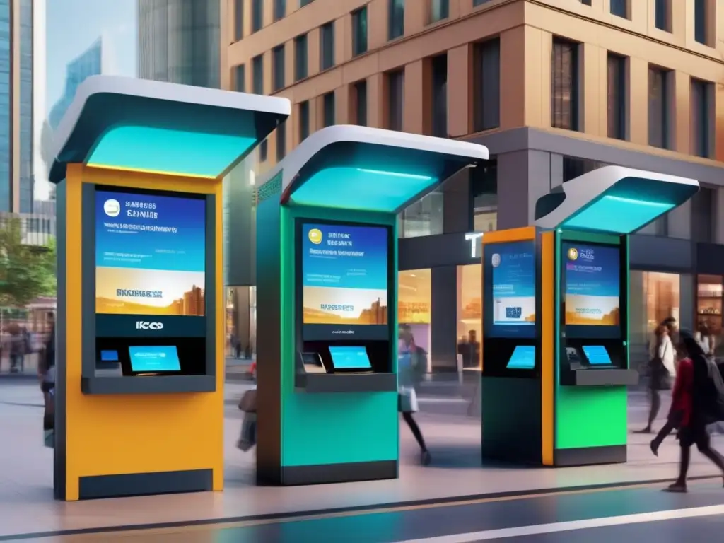 Dinámica transferencia de dinero en una calle de la ciudad - Tecnología y diversidad financiera En una bulliciosa calle de la ciudad, diversas personas realizan transacciones financieras en modernos quioscos de transferencias de dinero