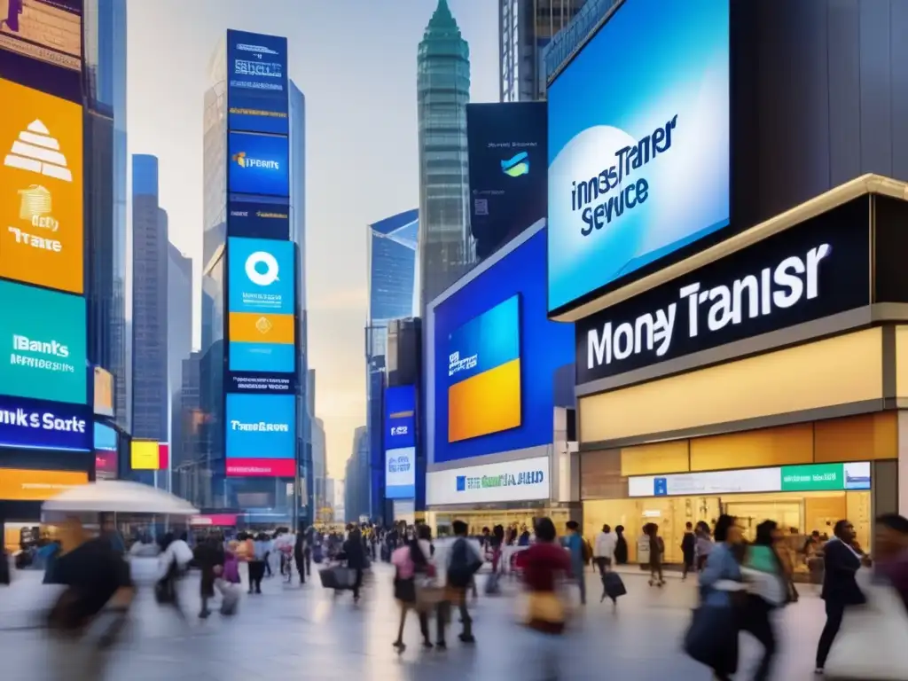 Escena vibrante de diversidad y transacciones financieras en la ciudad En una bulliciosa calle de la ciudad, personas de diversas edades y etnias realizan transacciones financieras en bancos, oficinas de transferencia de dinero y quioscos de pago digital