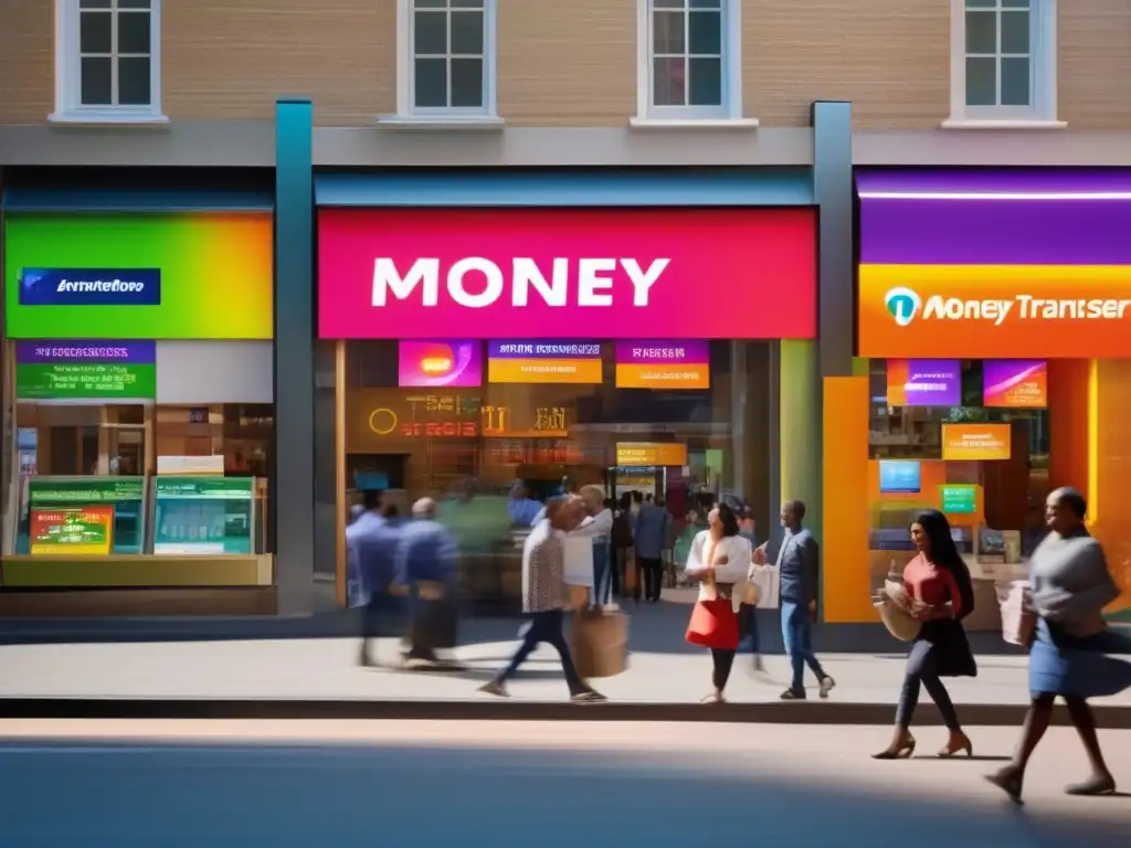 Escena urbana llena de vida: diversidad en transacciones financieras En una bulliciosa calle de la ciudad, personas de diversos orígenes realizan transacciones financieras en negocios de transferencias de dinero