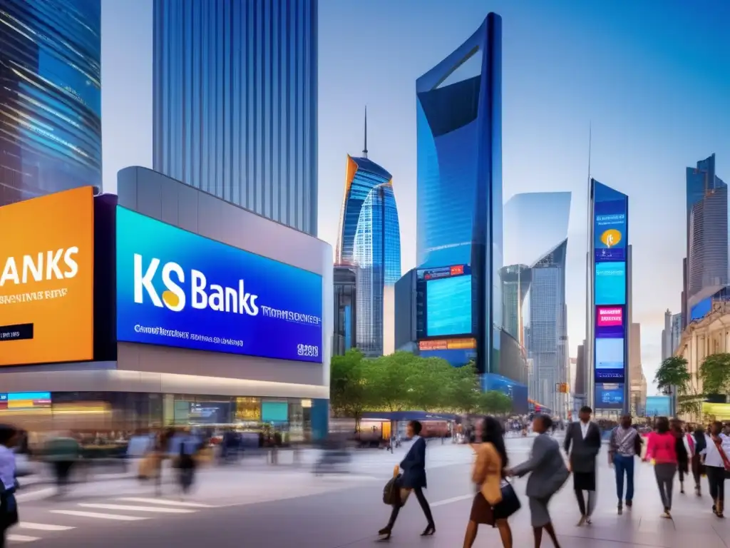 El vibrante mundo financiero: Transacciones en la ciudad moderna En una bulliciosa calle de la ciudad, personas de diversas edades y orígenes realizan transacciones financieras en bancos, casas de cambio y quioscos de pago móvil
