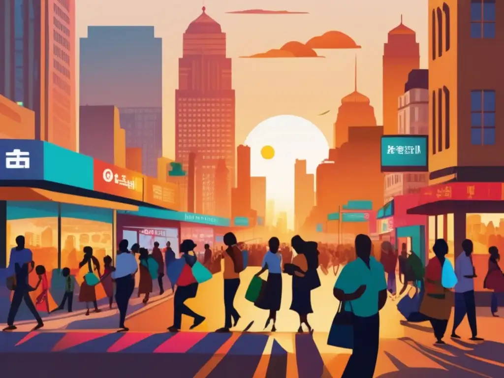 Interconexión global: Remesas y diversidad en la ciudad atardecer En una bulliciosa calle de la ciudad, personas de diversas culturas y trasfondos se reúnen entre vibrantes tiendas con letreros en varios idiomas