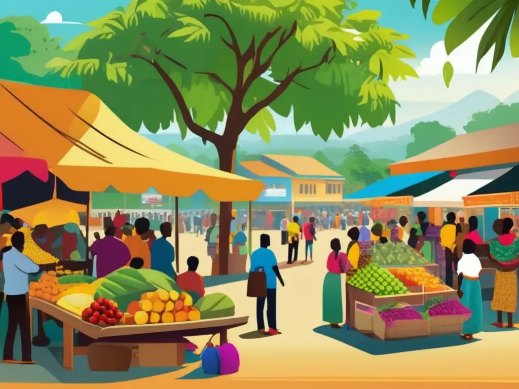 Plaza rural bulliciosa: economía local y remesas - ¡Vibrante comunidad! Un bullicioso centro de pueblo en una comunidad rural, con gente realizando actividades económicas