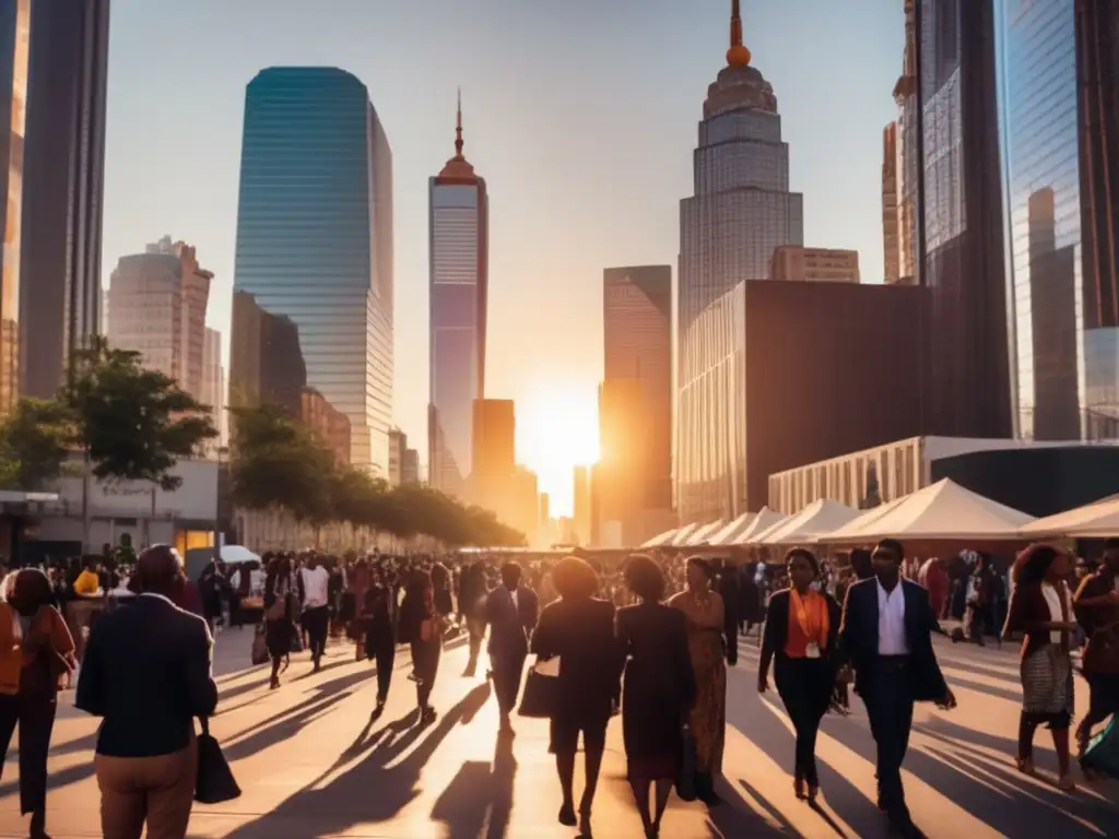 Atardecer vibrante en una ciudad multicultural Un bullicioso centro urbano con personas de diversas culturas y fondos, rodeado de modernos rascacielos