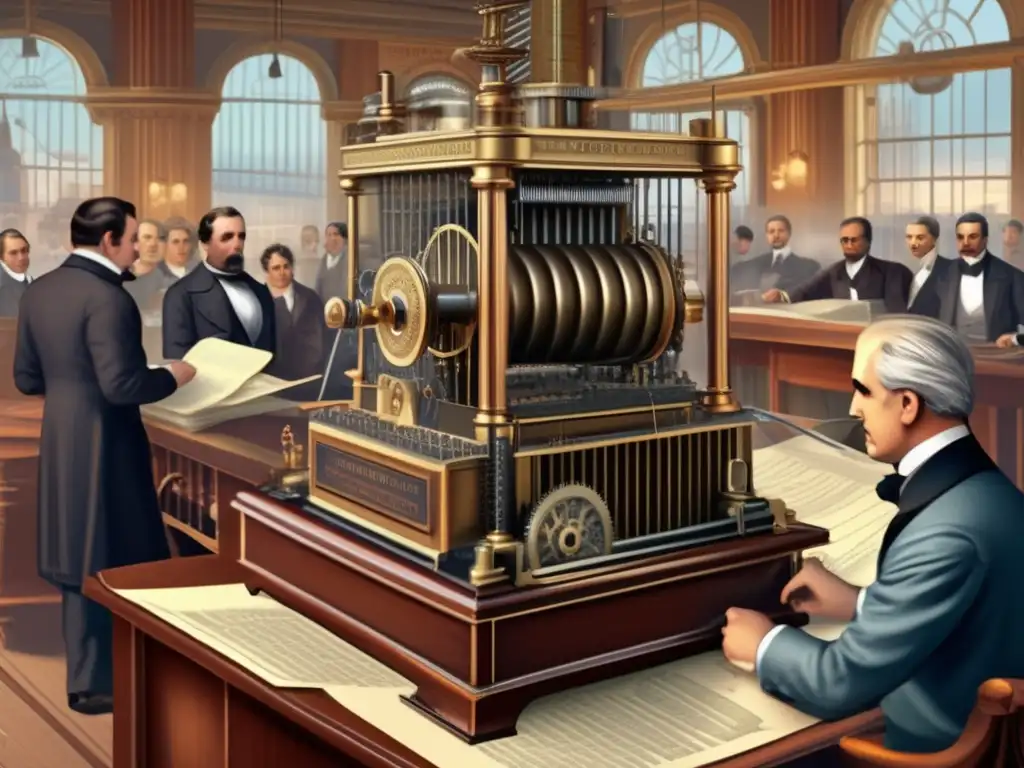 Antiguo telégrafo en distrito financiero del siglo XIX En un bullicioso distrito financiero del siglo XIX, una ilustración digital detalla una histórica máquina de telegrafía