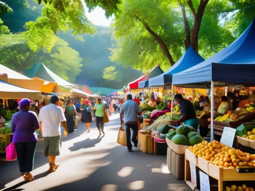 Vibrante mercado local con productos coloridos y animada actividad Un bullicioso mercado local lleno de vendedores y clientes, con una variedad colorida de productos y animadas interacciones