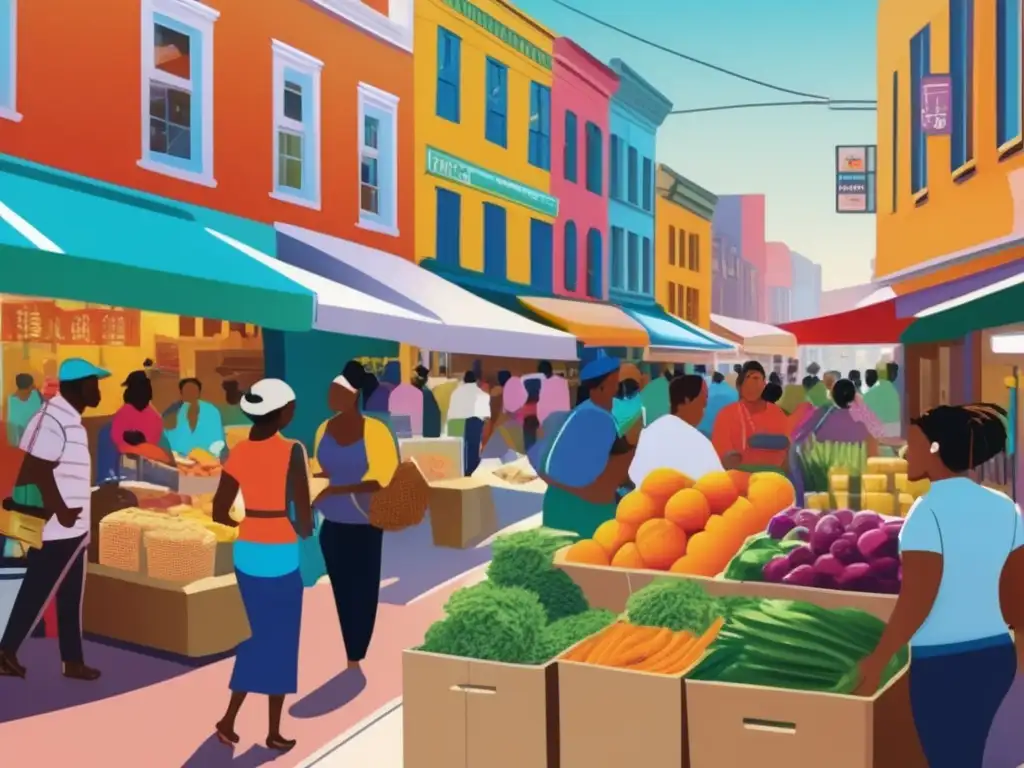 Escena vibrante de comercio local: Microeconomías en acción En un bullicioso mercado local, pequeños empresarios realizan animadas transacciones