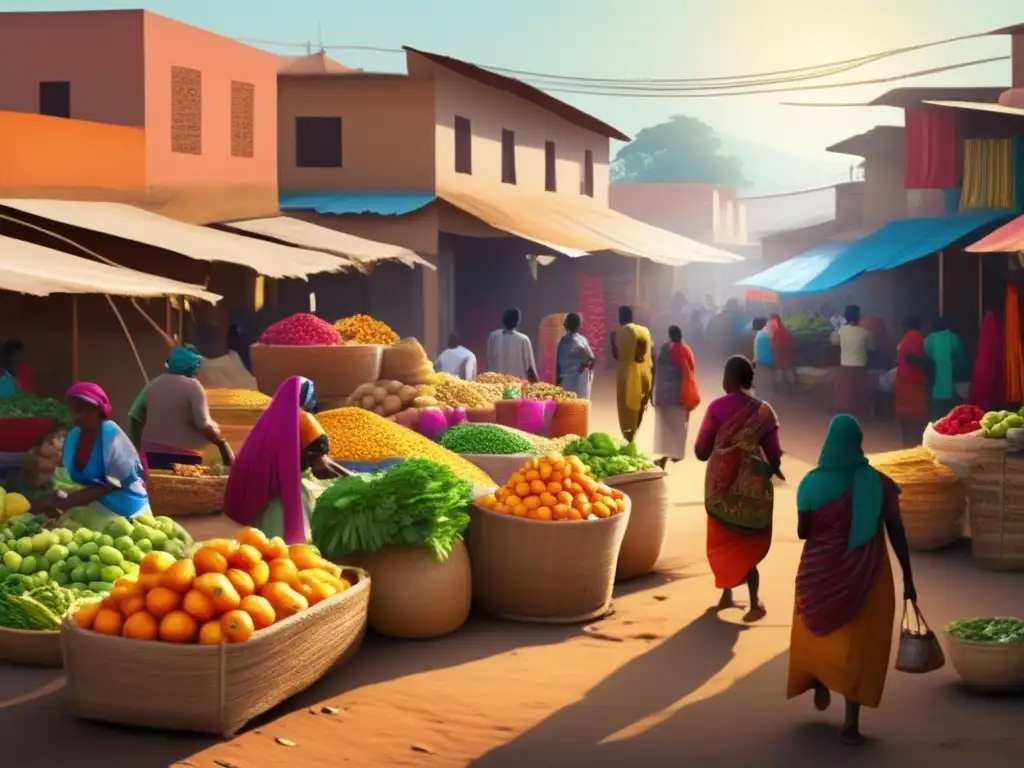 Vibrante mercado local en país en desarrollo: comercio, color y vitalidad Un bullicioso mercado en un país en desarrollo, lleno de gente comerciando, puestos de frutas coloridas y textiles tradicionales