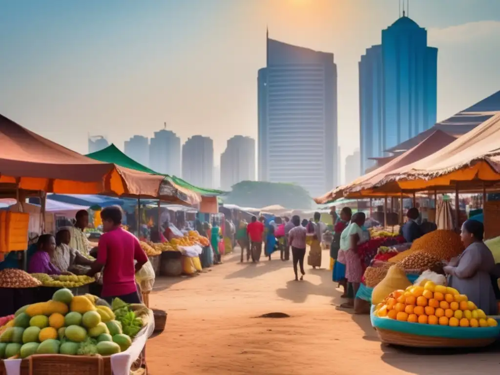 Mercado vibrante en país en desarrollo: frutas, artesanías y diversidad bajo toldos coloridos Un bullicioso mercado en un país en desarrollo, con vendedores ofreciendo frutas coloridas y artesanías bajo toldos vibrantes