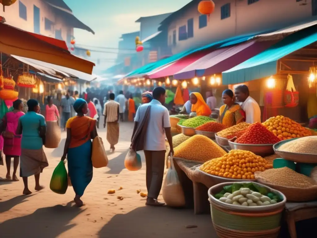 Mercado bullicioso en país en desarrollo: colores vibrantes y actividad económica Un bullicioso mercado en un país en desarrollo, con gente comprando y vendiendo, colores vibrantes y elementos tradicionales y modernos