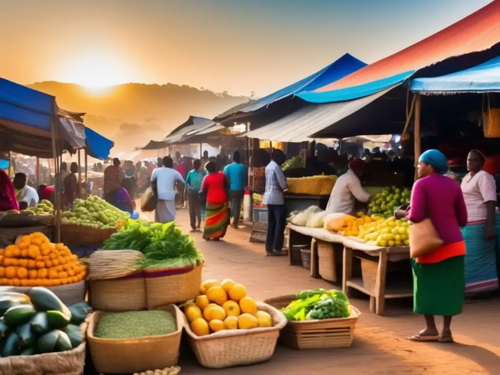 Mercado vibrante en país en desarrollo: coloridos puestos y energía palpable En un bullicioso mercado de un país en desarrollo, se venden productos frescos y artesanías