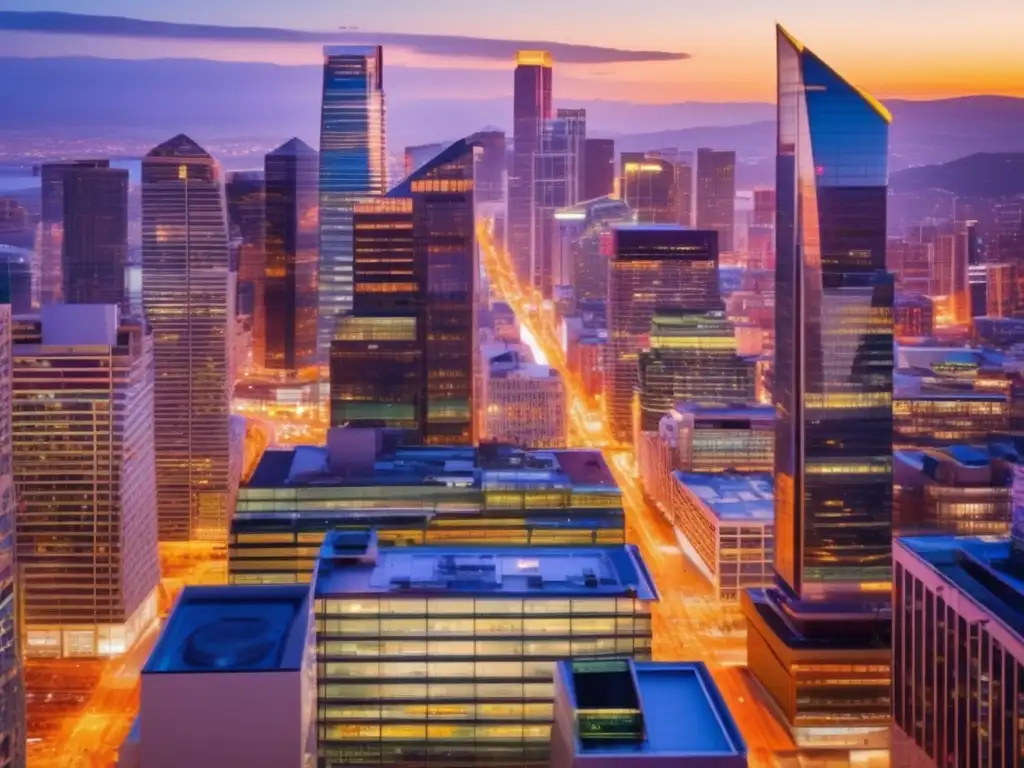 Brillante ciudad al atardecer: reflejos de modernidad y dinamismo urbanos Un bullicioso paisaje urbano al anochecer, con rascacielos iluminados contra un cielo crepuscular
