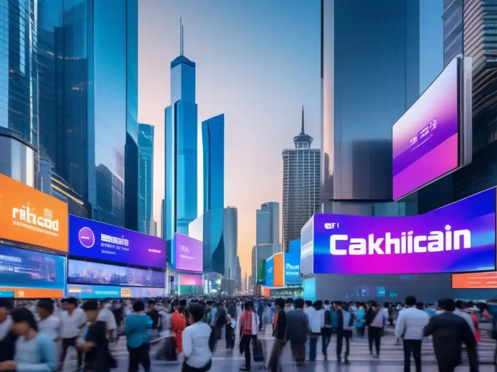 Innovación financiera: Blockchain transforma la ciudad - Un bullicioso paisaje urbano con rascacielos modernos y carteles digitales mostrando transacciones financieras y tecnología blockchain