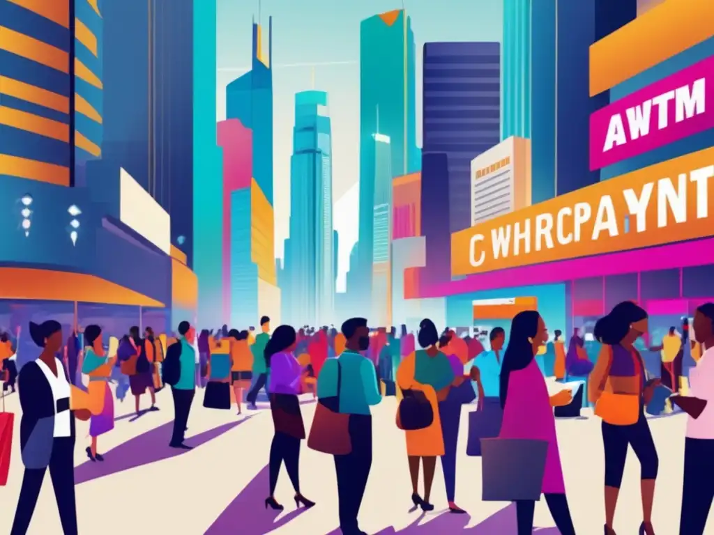 Dinámica actividad financiera en ciudad global Un bullicioso panorama urbano con gente de diversas culturas realizando transacciones financieras modernas
