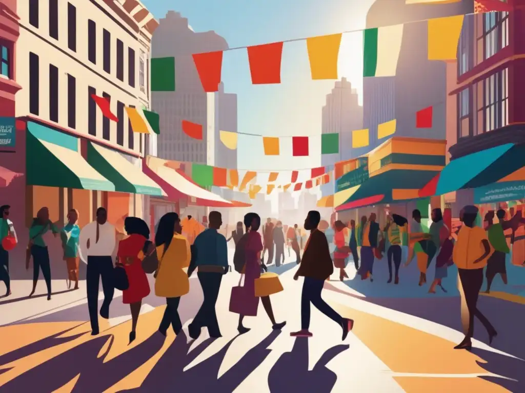 Diversidad urbana: escena vibrante y multicultural Una calle bulliciosa y multicultural, con gente de diversas etnias y trasfondos