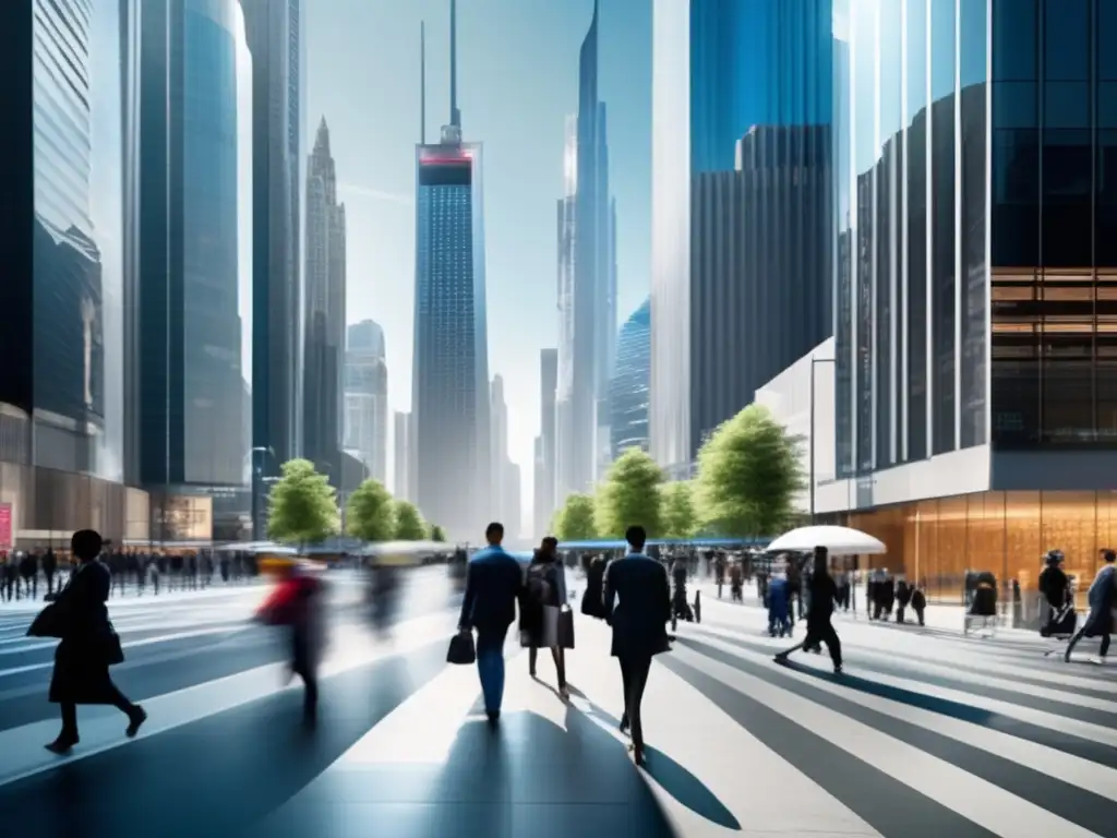 Seguridad Urbana: Confianza en la Modernidad Una calle de la ciudad bulliciosa con modernos rascacielos, cámaras de seguridad futuristas y tecnología integrada, transmite seguridad y modernidad