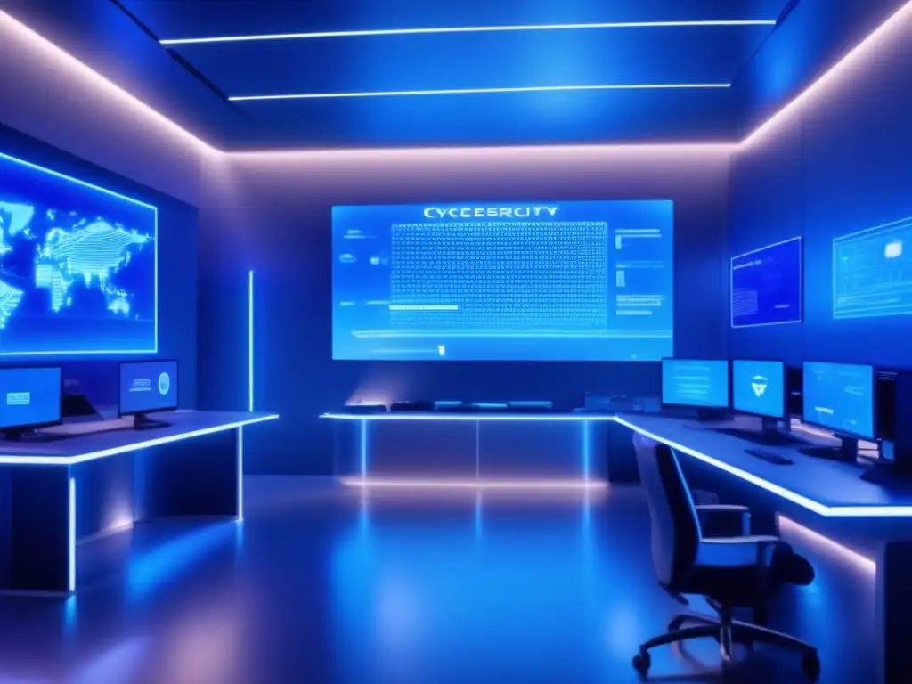 Centro de ciberseguridad de alta tecnología: protección digital avanzada Un centro de ciberseguridad moderno y futurista con técnicas de seguridad digital para transacciones online