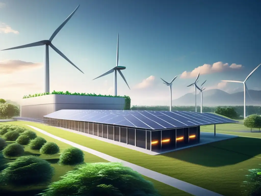 Centro de datos ecológico futurista: Tecnología y naturaleza en armonía Un centro de datos futurista ecológico, con estructuras metálicas y vegetación integrada