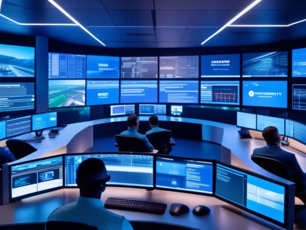 Centro de Operaciones de Seguridad de Alta Tecnología con Pantallas de Datos en Tiempo Real Un centro de operaciones de seguridad moderno y elegante, con pantallas de datos cibernéticos en tiempo real