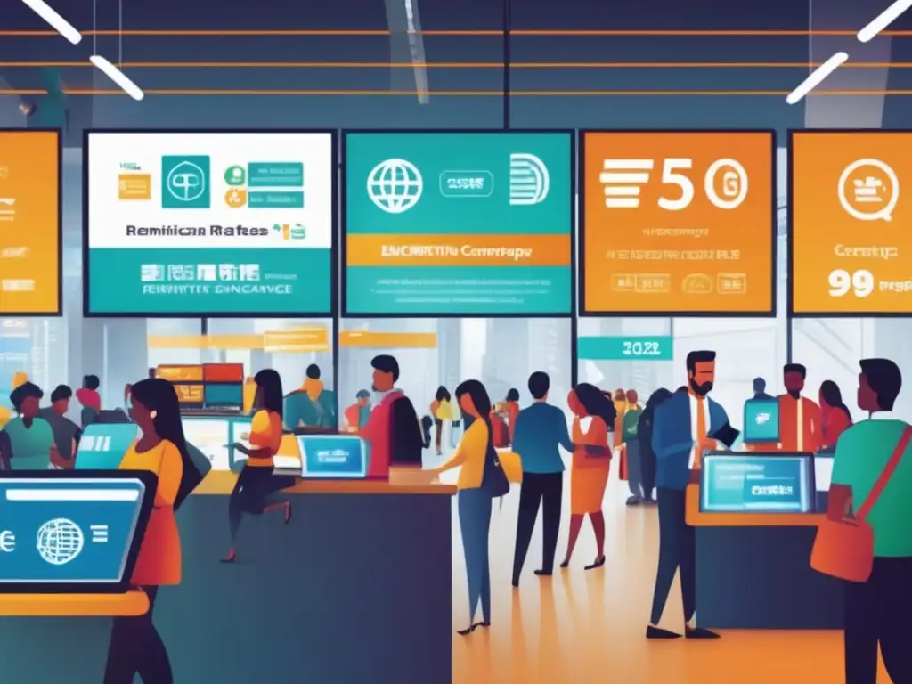 Agitada actividad financiera en centro de remesas futurista - Emocionante intercambio global y tecnología de pagos móviles de vanguardia En un centro de remesas moderno y vibrante, personas de diversas culturas realizan transacciones con tecnología de vanguardia