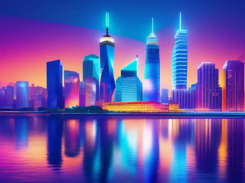 Refulgente ciudad nocturna junto al río: reflejos vibrantes - TransferWise Una ciudad bulliciosa de noche, con rascacielos iluminados por luces vibrantes y coloridas