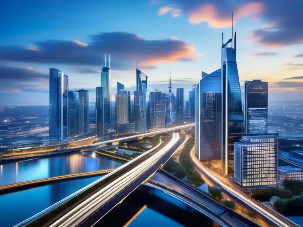 Amanecer futurista: Ciudad con rascacielos y vehículos eléctricos- Una ciudad bulliciosa con rascacielos que se elevan hacia un cielo brillante y con nubes