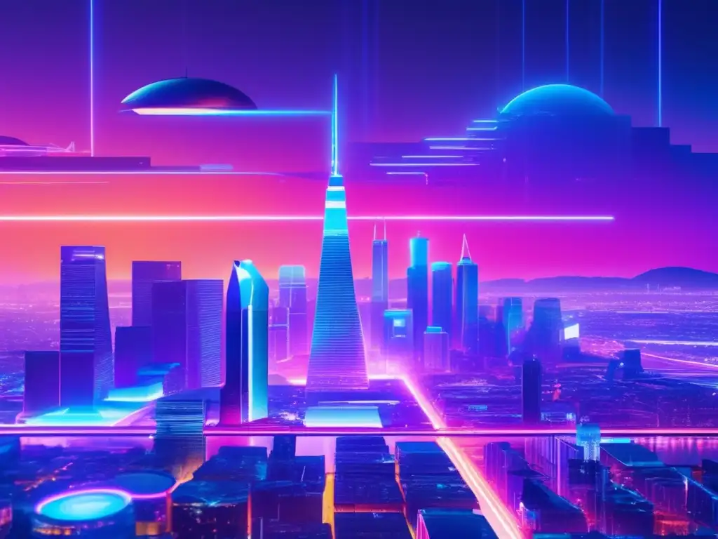 Brillante metrópolis futurista: luces y hologramas en la noche Una ciudad futurista de noche, con luces de neón y proyecciones holográficas iluminando el horizonte