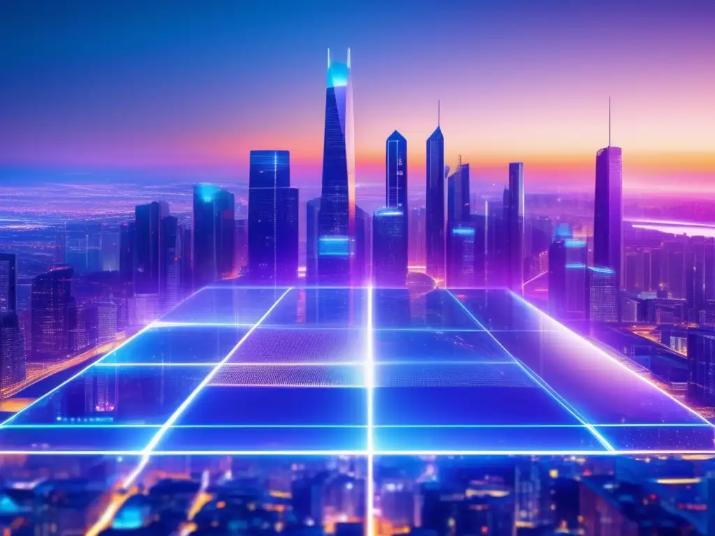 Futurista ciudad blockchain al atardecer Una ciudad futurista con rascacielos y proyecciones holográficas, rodeada de redes de datos brillantes