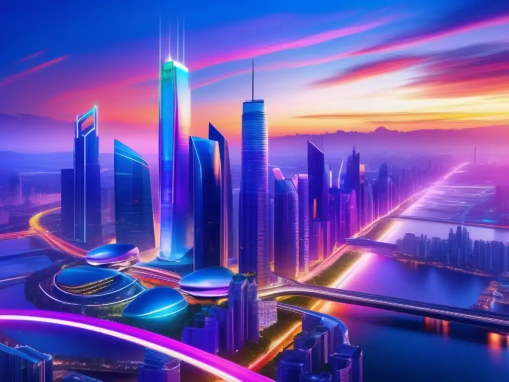 Futurismo urbano: Ciudad vidriosa en atardecer vibrante Una ciudad futurista donde rascacielos de vidrio se elevan contra un atardecer colorido