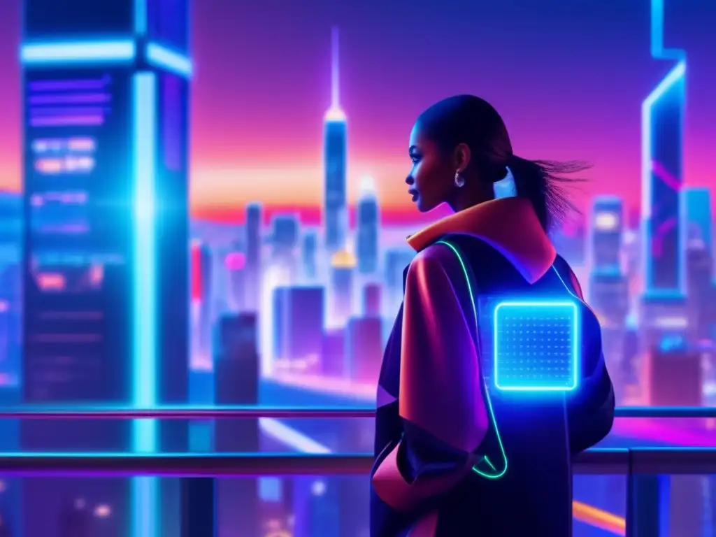 Ciudad futurista: skylines y blockchain interconectados Una ciudad futurista vibrante de noche, con rascacielos iluminados por luces de neón y nodos de blockchain interconectados