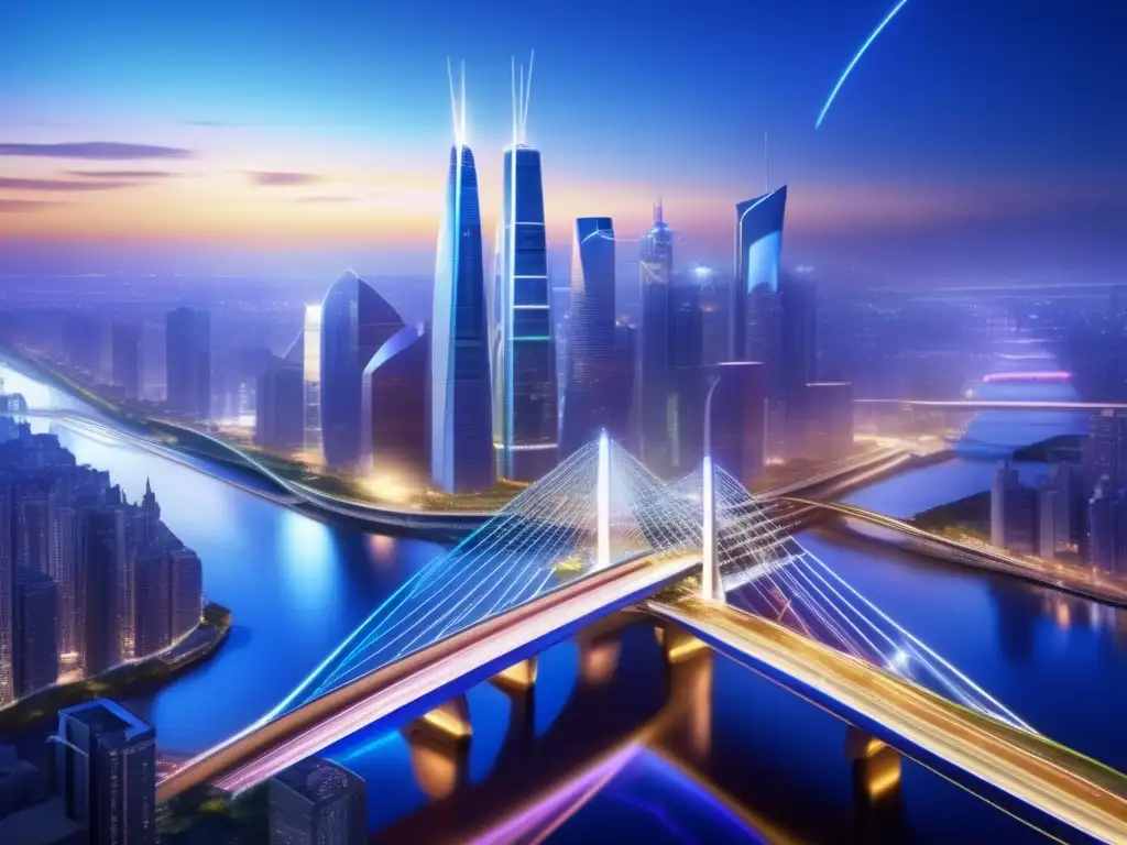 Urbanismo nocturno futurista: conectividad y energía- Una ciudad moderna bulliciosa de noche con rascacielos iluminados y puentes futuristas brillantes que cruzan un río, reflejando las luces de la ciudad