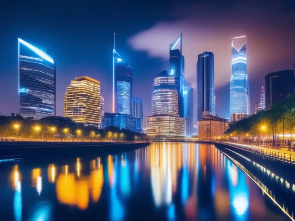 Brillante ciudad nocturna junto al río: evolución de smart contracts Una ciudad moderna iluminada de noche, con rascacielos reflejándose en el río